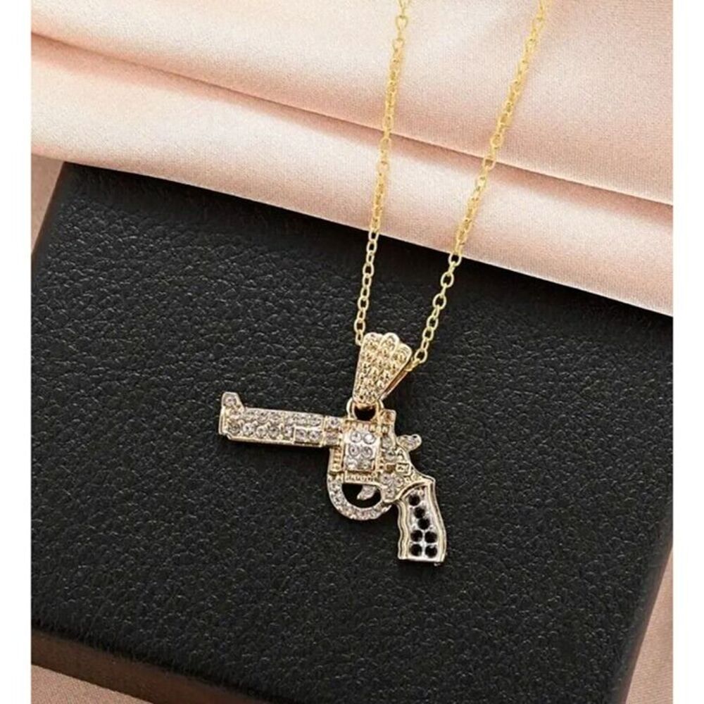 Iced Gold Shot Gun Clear & Black Rhinestones on Gold Chain Necklace Men Women